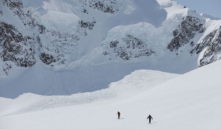 Two people nordic skiing wearing icebreaker merino ski clothing