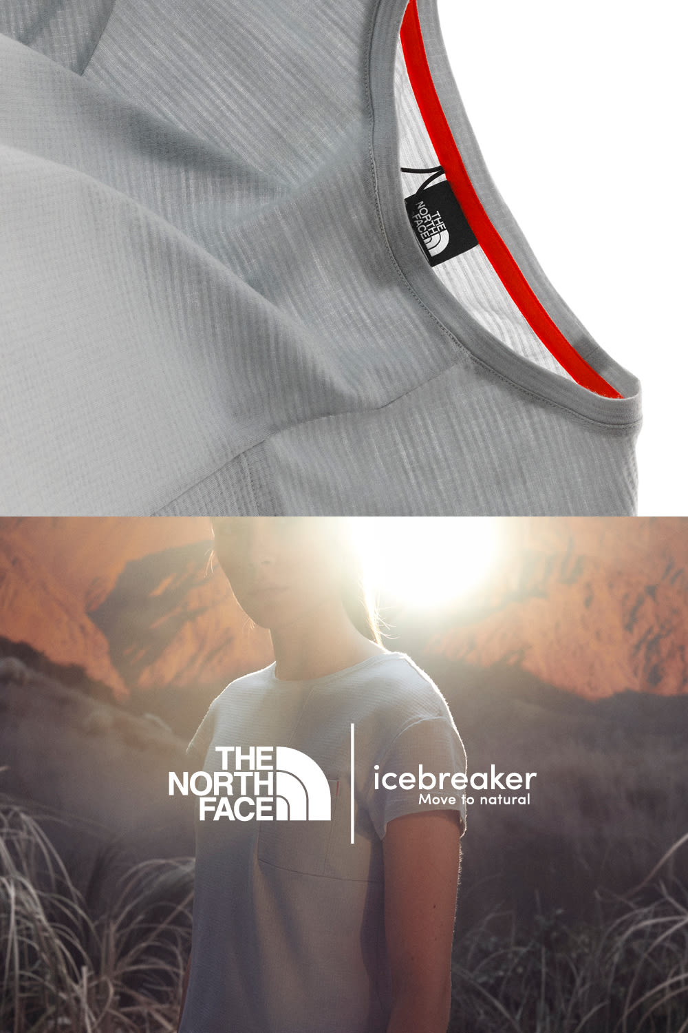 Woman standing in front of mountain wearing an icebreaker x the north face merino t-shirt