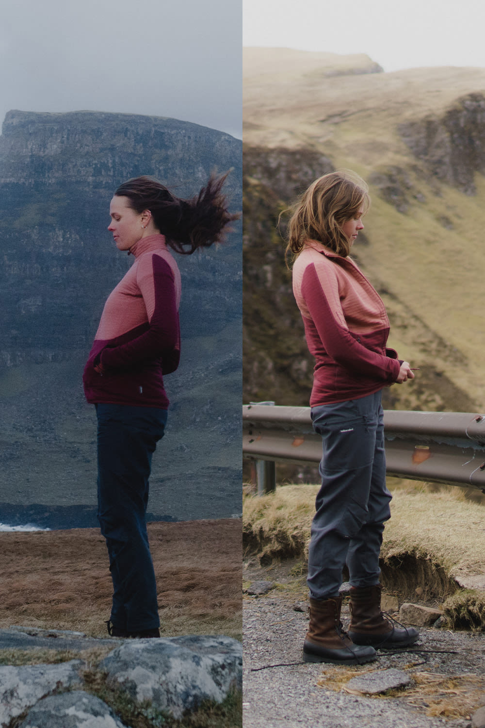 The image is a split view with two different scenes. On the left, an individual is standing on a rocky outcrop overlooking a coastal scene with the ocean in the background and a large, steep cliff face dominating the view. They are wearing outdoor apparel suitable for cold weather, including a jacket and pants by Icebreaker. On the right side of the image, another individual stands beside a guardrail on a grassy hill that overlooks similar coastal scenery. This person is also dressed in Icebreaker clothing.