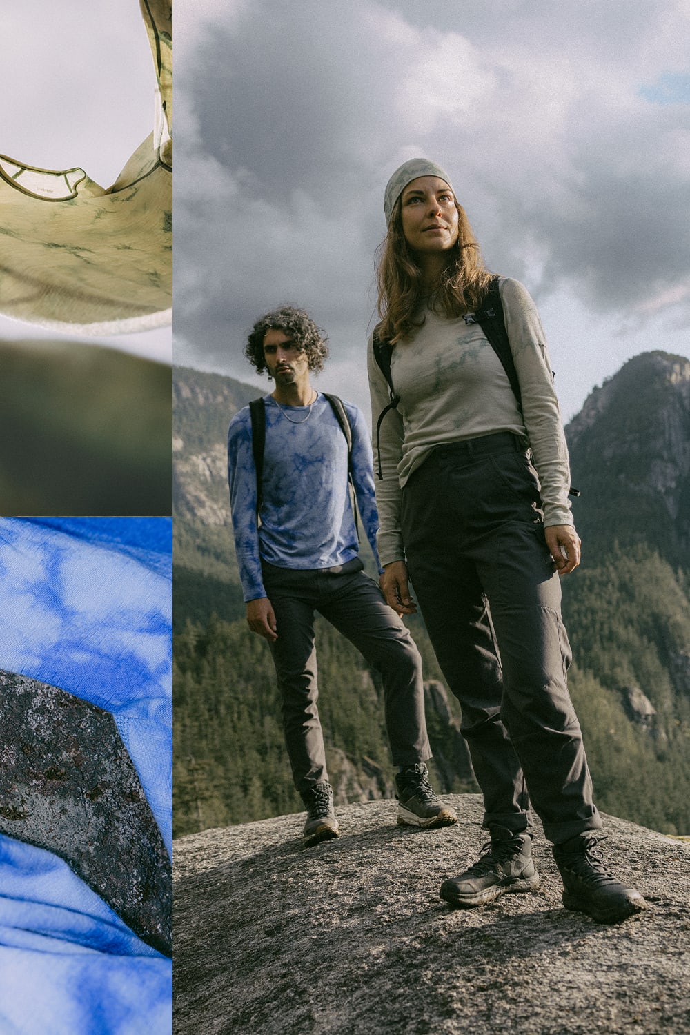 The image is a collage of three photos. On the left, there’s a close-up of a blue fabric with a cloud-like dye pattern. In the center, two individuals stand on a rocky outcrop, wearing Icebreaker cloud dye apparel. The background shows mountains under a partly cloudy sky. On the right, there’s another close-up of a green garment with a similar dye pattern." title="The image is a collage of three photos. On the left, there’s a close-up of a blue fabric with a cloud-like dye pattern. In the center, two individuals stand on a rocky outcrop, wearing Icebreaker cloud dye apparel. The background shows mountains under a partly cloudy sky. On the right, there’s another close-up of a green garment with a similar dye pattern.