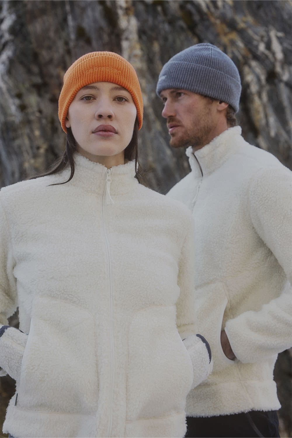 Man and woman wearing icebreaker realfleece merino high pile jackets