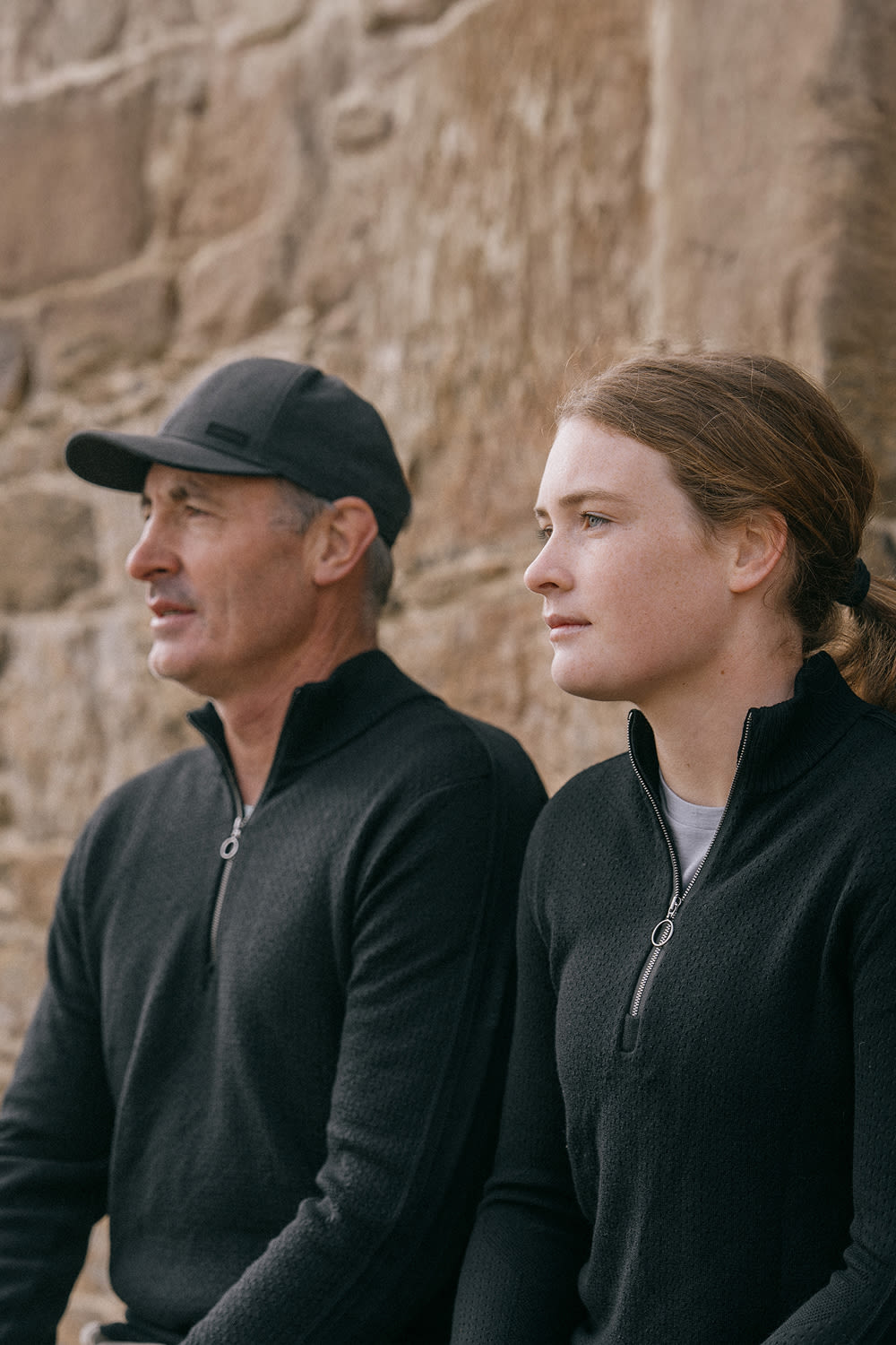 Father and daughter wearing icebreaker merino original zip sweater